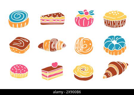 Süße Französische Bäckerei Dessert Set Kuchen Doodle Icons Stock Vektor