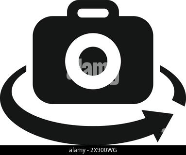 Schwarzweiß-Design eines Kamerasymbols, das von einem Pfeil umgeben ist und das Synchronisieren oder Aktualisieren von Fotos symbolisiert Stock Vektor