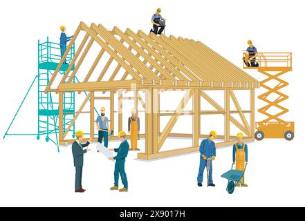 Bau eines Holzhauses mit Handwerkern und Architekten Stock Vektor