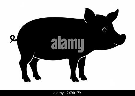 Schwarze Silhouette eines Schweins auf weißem Hintergrund. Tierillustration, Nutztier, minimalistisches Design, Viehzuchtkonzept. Stock Vektor