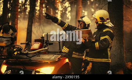 Porträt von zwei professionellen Feuerwehrleuten, die neben dem ATV stehen und die Situation während eines Wildland-Feuers diskutieren: Tapferer Superintendent, der mit einem erfahrenen Truppenführer spricht, mit einem Laptop-Computer. Stockfoto