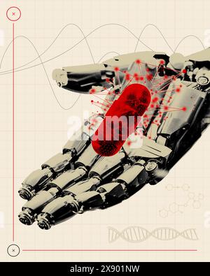 Nanotechnologie in der Medizin. Roboterhand mit roter Pille. Schnittpunkt von fortschrittlicher Robotik und Medizintechnik. Zeitgenössische Kunstcollage. Stockfoto