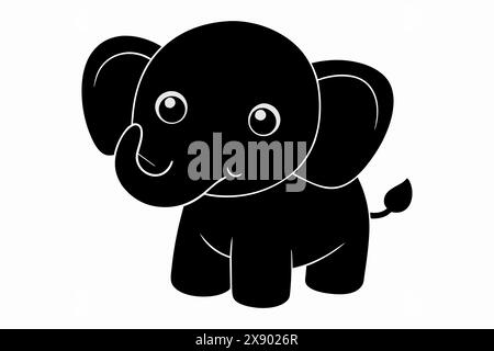 Niedlicher schwarzer Elefant-Zeichentrick mit großen Ohren und weiten Augen. Babytier, entzückende Illustration, Kinderkunst, verspieltes Designkonzept. Schwarze Silhouette i Stock Vektor