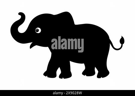 Niedlicher schwarzer Elefant-Zeichentrick mit großen Ohren und weiten Augen. Babytier, entzückende Illustration, Kinderkunst, verspieltes Designkonzept. Schwarze Silhouette i Stock Vektor