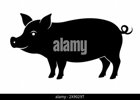 Schwarze Silhouette eines Schweins auf weißem Hintergrund. Tierillustration, Nutztier, minimalistisches Design, Viehzuchtkonzept. Stock Vektor