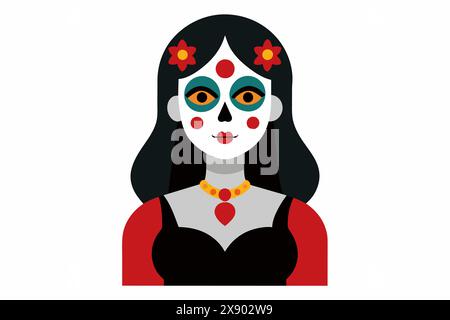 Frau mit Tag der Toten Make-up und Blumen. Weiblich mit Sugar Skull Gesichtsfarbe. Isoliert auf weißem Hintergrund. Konzept des Dia de los Muertos, kulturell Stock Vektor