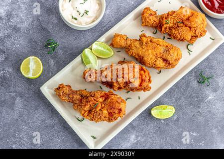 Knuspriges gebratenes Hühnchen Drumsticks mit Gewürzen Top-Down-Foto Stockfoto