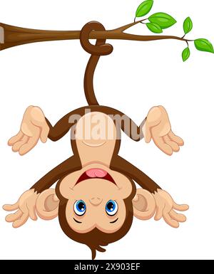 Niedlicher Babyaffe, der an Baum-Vektor-Illustration auf weißem Hintergrund hängt Stock Vektor