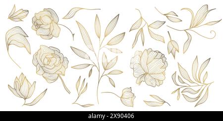 Vektorsatz der goldenen Blätter und Blumen isoliert, Pflanzenzweiglinie Illustration, Luxus-Laubdekoration. Vintage-Ornamente, Pfingstrosen, Sommer Stock Vektor