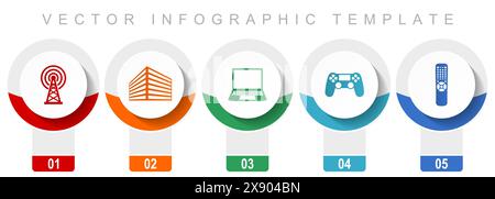 Technologie-Symbolsatz, verschiedene Vektorsymbole wie Antenne, Bürogebäude, Laptop, Gamepad, tv-Fernbedienung, Infografik-Vorlage in modernem Design, Web Stock Vektor