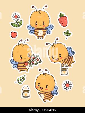 Niedliche Bienensticker-Kollektion. Lustige Insektenfigur mit Blumenstrauß Kamille und Eimer Honig. Isolierte Elemente im Cartoon-Kawaii-Stil. Vec Stock Vektor