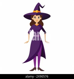 Zeichentrickhexe in lila Kleid und Hut. Weibliche Zauberin. Halloween, Magie, Fantasie, Kostümkonzept. Isoliert auf weißem Hintergrund. Stock Vektor