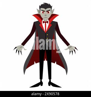 Comic Vampir mit rotem cape und Zähnen. Halloween-Charakter. Dracula Kostüm, gruselig, Horrorkonzept. Isoliert auf weißem Hintergrund. Stock Vektor