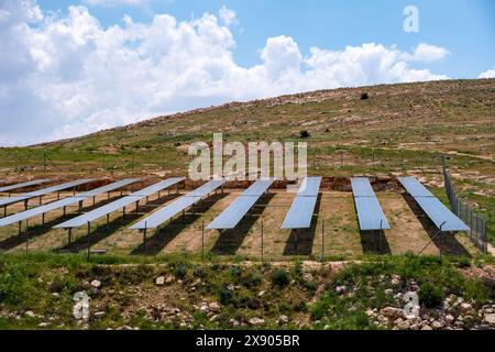 Auf einem Hügel unter bewölktem Himmel, umgeben von der Natur, wird ein Solarpark gebaut, der einen umweltfreundlichen Ort schafft, um Energie in Harmonie zu erzeugen Stockfoto