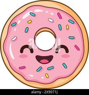 Fröhlicher Kawaii Donut mit rosafarbener Verglasung und bunten Streuseln im Kawaii-Stil Stock Vektor