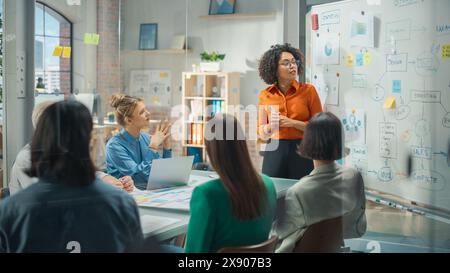 Die schöne schwarze Geschäftsfrau gibt ihren Geschäftskollegen im Konferenzraum Bericht, eine Präsentation und zeigt Grafiken, Tortendiagramme und das Wachstum von Unternehmen auf einem Whiteboard Stockfoto