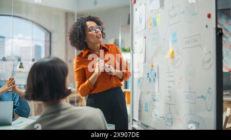 Porträt einer schönen erfolgreichen Geschäftsfrau, die eine Teampräsentation in einem Konferenzraum im Kreativbüro macht. Innovative Black Female diskutiert einen neuen Projektplan auf Whiteboard Stockfoto
