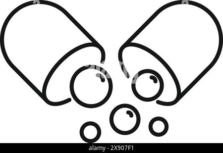 Grafik von zwei offenen Kapseln mit verschüttetem Arzneimittelgranulat in Schwarz-weiß Stock Vektor