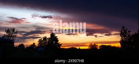 Panoramablick auf einen lebhaften Sonnenuntergang, dunkle Silhouetten von Bäumen vor einem dramatischen Himmel. Eine dunkle Wolke offenbart einen hellen Sommersonnenuntergang Stockfoto