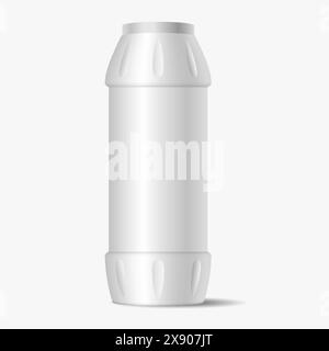 Reinigungspulver leere Flasche realistische Vektorillustration. Produktbehälter für Haushaltsreinigung mit 3D-Objekt auf weißem Hintergrund mit Kopierraum Stock Vektor