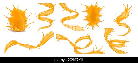 Natürlicher Orangensaft spritzt realistische Vektor-Illustration Set. Spritzer von exotischem Fruchtgetränk in Bewegung 3D-Objekte auf weißem Hintergrund Stock Vektor