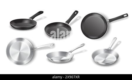 Antihaft-und Edelstahl-Pfannen realistische Vektor-Illustration Set. Design der Küchenausstattung. Küchenutensilien 3D-Objekte auf weißem Hintergrund Stock Vektor