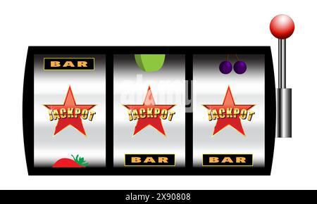 Spielautomat mit Jackpot auf den Walzen, Glücksspiel- oder Spielkonzept, isoliert auf weißem Hintergrund Stock Vektor