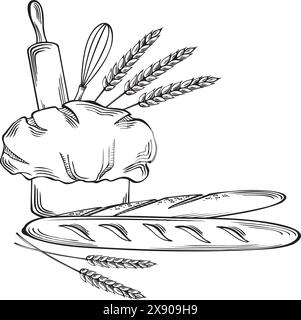 Baguettes mit Mütze des Küchenchefs, Backutensilien und Weizenohren. Backwaren französisches Brot mit Drehstift und Schneebesen. Vektorgrafik, isoliert. Te Stock Vektor