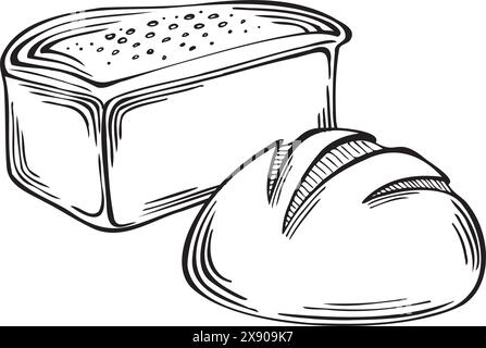 Brot mit rundem Brot. Backwaren Weizen und Roggen. Vektorgrafik, linear, isoliert. Skizze traditioneller Lebensmittel. Vorlage für wr Stock Vektor
