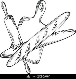 Baguettes und Backwerkzeuge. Backwaren, französisches Brot. Schneidebrett mit Rollstift, Instrumente. Vektorabwicklungsdarstellung, Umriss, isoliert. Temp Stock Vektor