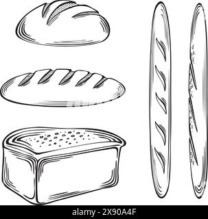 Brotbackwaren-Set. Vektorgrafik, isoliert. Baguetts, Roggenbrot und französisches Brot. Skizze des traditionellen Brotsymbols. Flach Stock Vektor