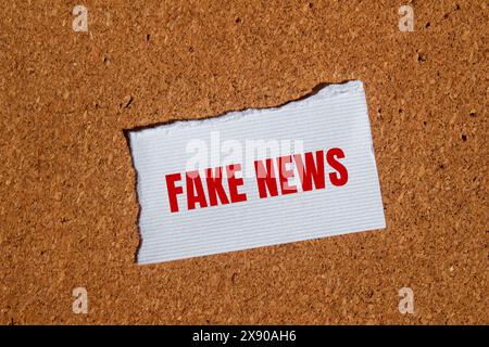 Falsche Nachrichten geschrieben auf zerrissenem weißem Papier mit braunem Hintergrund. Konzeptuelles Fake News-Symbol. Kopierbereich. Stockfoto