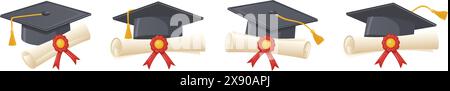 Sammlung von akademischen Graduiertenkappen und Diplomblättern in verschiedenen Positionen auf weißem Hintergrund. Traditionelle Graduierungssymbole: dipl Stock Vektor