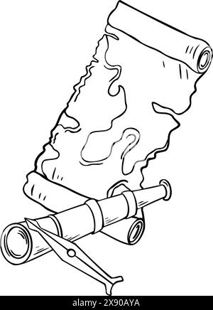 Alterskarte, Spyglass in schwarz-weißer Konturvektor-Illustration isoliert. Gerollte Papyrus-Silhouette von Hand in Tinte gezeichnet. Kompassnadel Hand Stock Vektor