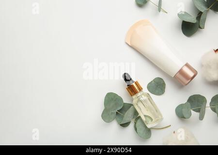 Organische Hautpflegeprodukte auf weißem Hintergrund mit frischen grünen Eukalyptusblättern. Leerzeichen für Text Stockfoto