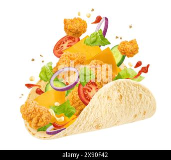 Shawarma- oder Döner-Hühnerrolle, fallende Tortilla-Wrap-Zutaten isoliert auf weißem Hintergrund Stockfoto