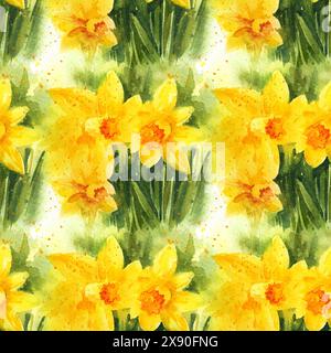 Nahtloses Muster mit Aquarellgelb Blumenstrauß, Frühlingsgelb und orange Narzisse und grüne Blätter, gemütliche Hausillustration, handgezeichnete Skusw Stockfoto