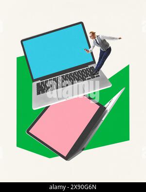 Zeitgenössische Kunstcollage. Junger Mann, der auf Laptops steht, mit leerem Bildschirm und Balancierung. Fernarbeit. Stockfoto