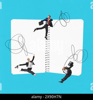 Zeitgenössische Kunstcollage. Junge Menschen, die mit Notebook arbeiten und über den Wachstumsplan des Unternehmens diskutieren. Stockfoto