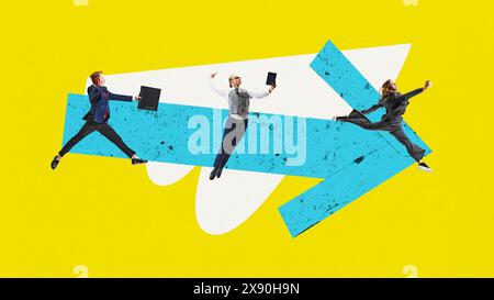 Zeitgenössische Kunstcollage. Junge Geschäftsleute folgen mit Pfeilen, um Ziele vor gelbem Hintergrund zu erreichen. Stockfoto