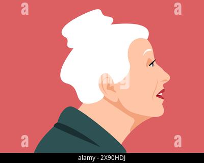 Ältere Frau mit einem Knoten im Profil, Senior mit einem hübschen Look, flaches Design Stock Vektor