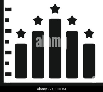 Schwarzweiß-Symbol eines Balkendiagramms mit aufsteigenden Balken, die von Sternen gekrönt sind und ein Bewertungssystem darstellen Stock Vektor