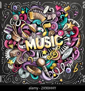 Musik Hand gezeichnet Vektor Kritzelillustration. Musikalisches Design. Sound-Elemente und Objekte Cartoon-Hintergrund. Leuchtende Farben lustiges Bild. Alle Elemente sind Stock Vektor