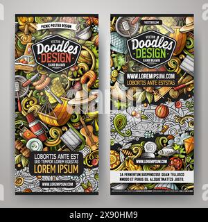 Cartoon Vektor Kritzelsatz Picknick Banner Vorlagen. Corporate Identity für Einladungen, Karten, Apps, Branding, Flyer, Grußkarten, S. Stock Vektor