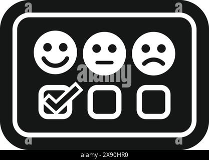 Symbole für die Kundenzufriedenheitsumfrage mit Smiley-Gesichtern, traurigen, neutralen und Häkchen-Symbolen in Schwarz-weiß-Vektor Stock Vektor