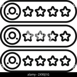 Schwarz-weiße Vektor-Illustration von Symbolen zur Bewertung von Kundenfeedback mit Sternen und Smiley-Gesichtern Stock Vektor