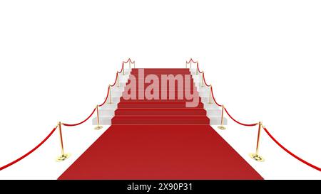 Roter Teppich auf weißer Treppe isoliert auf weißem Hintergrund. 3D-Abbildung. Stockfoto