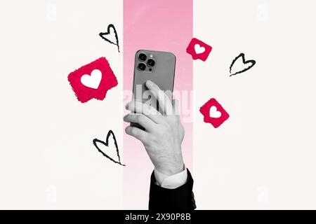 Composite Artwork Skizze Collage von Mann halten Hand Smartphone Herz Symbol Benachrichtigung fliegen um Blogger Influencer Kamera schießen Foto Stockfoto