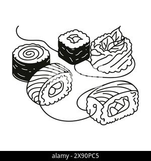 Sushi-Rolle zeichnet ein durchgehendes Linienmuster Stock Vektor