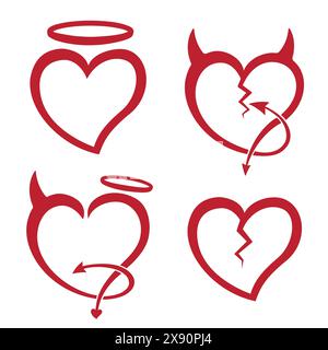 Teufelsherz, Engels Herz, gebrochenes Herz. Devil's and Angel's Heart Collection. Vektor und Illustration. Stock Vektor